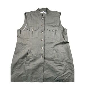 Chaus Sport Womens 16 Linen Cotton Utility Vest Olive Safari Long Button Front